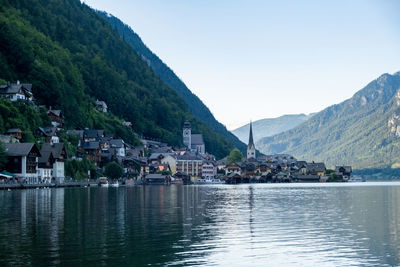 Houses by lake and buildings against sky