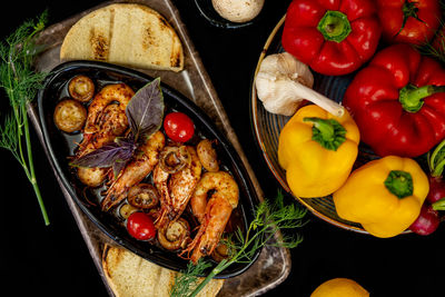 High angle view of fruits and vegetables on table