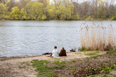 Rear view of couple sitting by plants