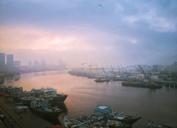 Boats moored at harbor in city against sky