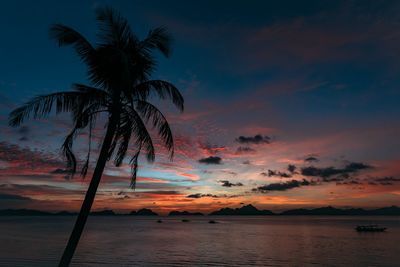 Silhouette palm tree against sea during sunset