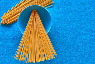 High angle view of food against blue background