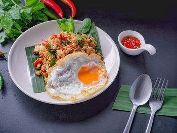 High angle view of breakfast served on table