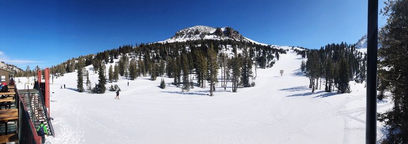 Scenic view of snowcapped mountains against clear blue sky