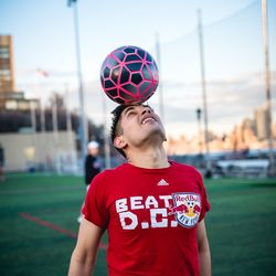 Portrait of young man standing on soccer field