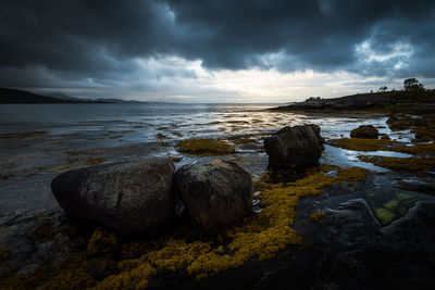 Fjord landscape with rocks and dramatic cloudy sky in northern norway during sunset