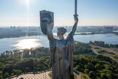 Aerial view of the mother motherland monument in kiev.