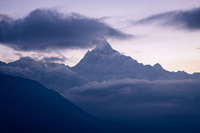 Scenic view of snowcapped mountains against sky during sunset