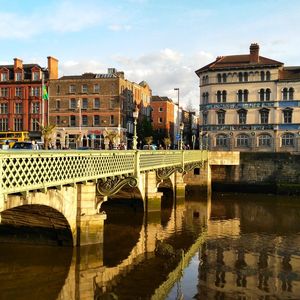 Bridge over river with buildings in background