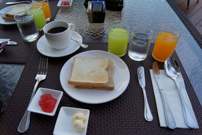 High angle view of breakfast on table