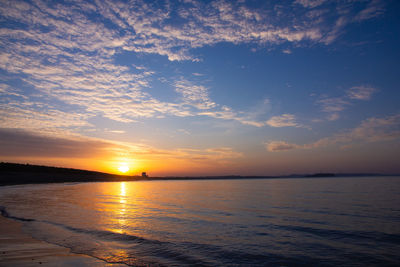 Scenic view of sea against romantic sky at sunset