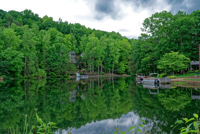 Scenic view of lake by trees against sky