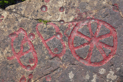 High angle view of text on rock