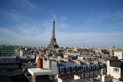 Eiffel tower amidst cityscape against sky