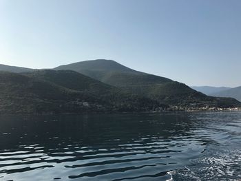 Scenic view of lake and mountains against clear sky