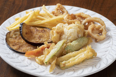 High angle view of pasta in plate on table