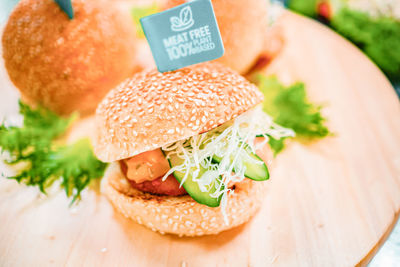 Close-up of burger on table