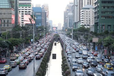 High angle view of cars on street in city