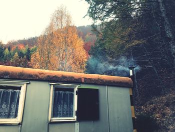 Plants and trees by house in forest against sky during autumn