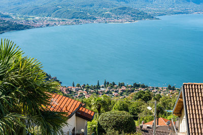 Aerial view of the lake maggiore with maccagno and luino