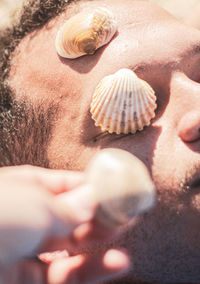 Close-up of man holding seashell