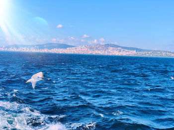 Scenic view of sea against blue sky