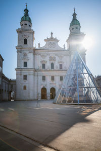 The cathedral of salzburg, austria surrounded by empty squares during the corona virus crisis.