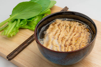 High angle view of pasta in bowl on table