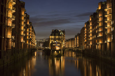 City view of speicherstadt of hamburg, germany at night