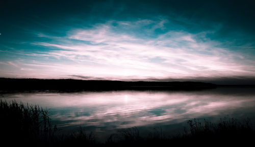 Scenic view of lake against sky at sunset