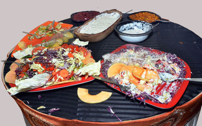 High angle view of fish served on table