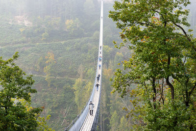 Suspension wooden bridge with steel ropes over a dense forest in west germany, visible tourists. 