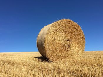 Hay bales on sand against clear sky