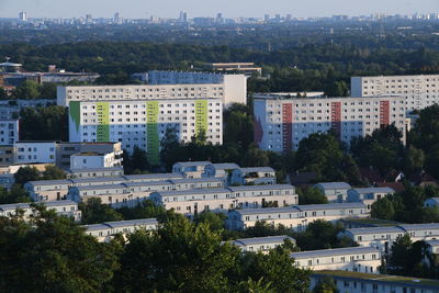 High angle view of buildings in city