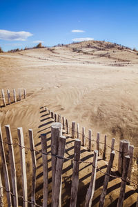 Wooden posts on beach against sky