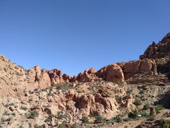 Rock formations against clear blue sky