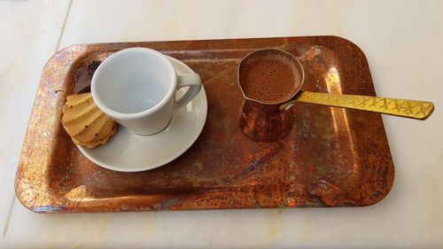 High angle view of breakfast on table