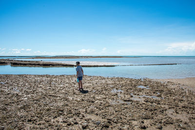 Rear view of man standing on beach against sky