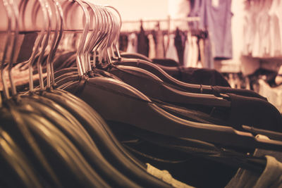 Close-up of chairs in rack