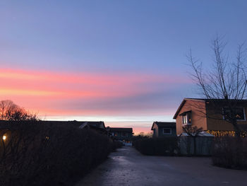 Houses amidst bare trees and buildings against sky during winter