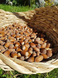 High angle view of eggs in basket