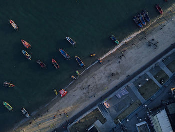 High angle view of people on boat in city