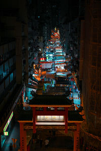 High angle view of illuminated buildings at night