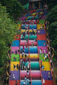 High angle view of people walking on street