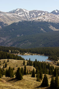 Scenic view of lake and mountains against sky