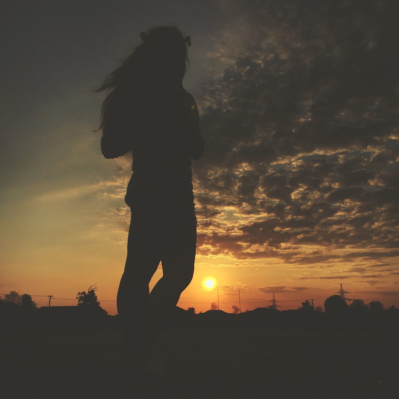 silhouette, sunset, sky, lifestyles, leisure activity, standing, orange color, field, sun, full length, person, men, landscape, nature, three quarter length, cloud - sky, rear view, sunlight