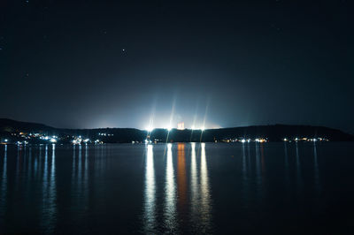 Scenic view of sea against clear sky at night