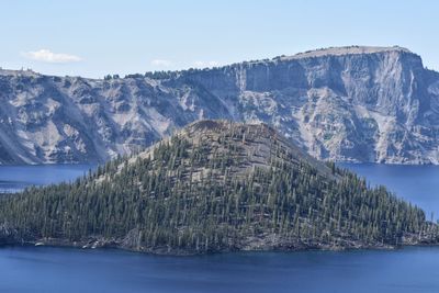 Scenic view of lake and mountains against sky