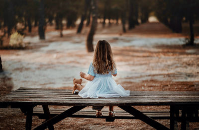 Rear view of woman sitting on bench at park