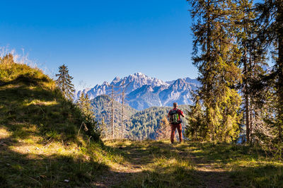 Rear view of man on mountain against sky